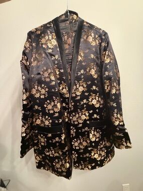 Black Satin Floral Blazer/Smoking Jacket with Gold Flower Print and Tie Waist